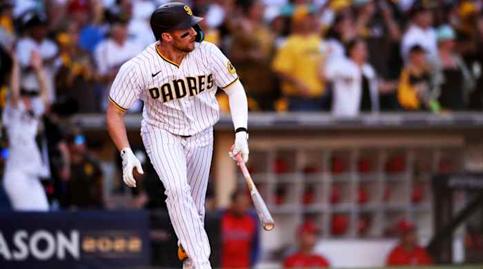 Padres first baseman Brandon Drury hits a go-ahead two-run single in the fifth inning of NLCS Game 2 against the Phillies.